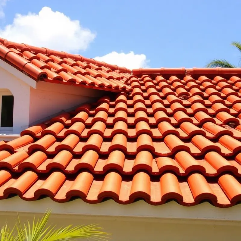 Close-up of Spanish terracotta tile roof installation
